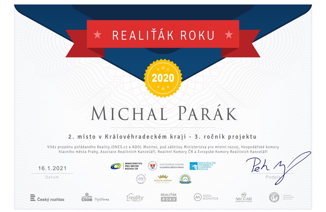 Ocenění 2. místo Královéhradecký kraj - Realiťák roku 2020